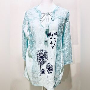No Brand Tag Bohemian blouse shirt painting aqua blue beach summer women’s XL